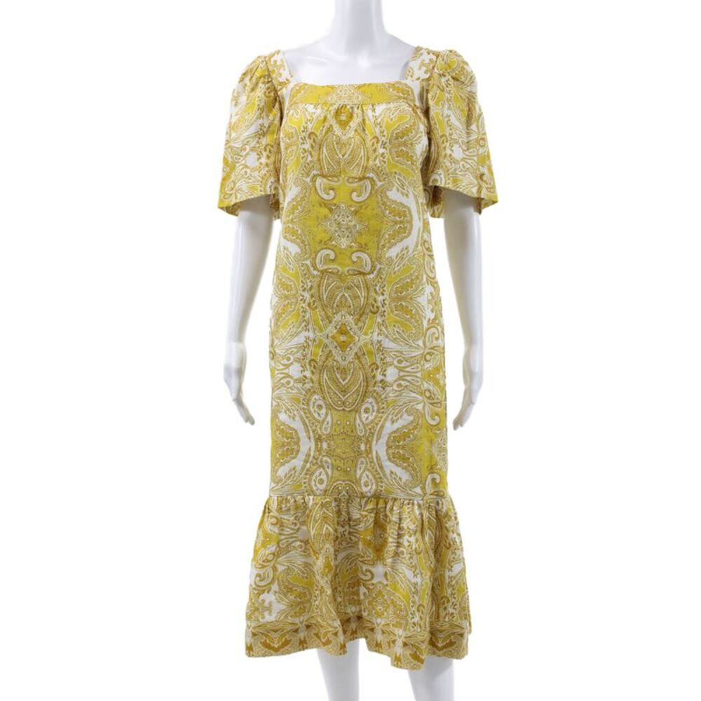 Cara Cara Women Maxi Linen Dress Yellow Square Neck Short Sleeve Size L